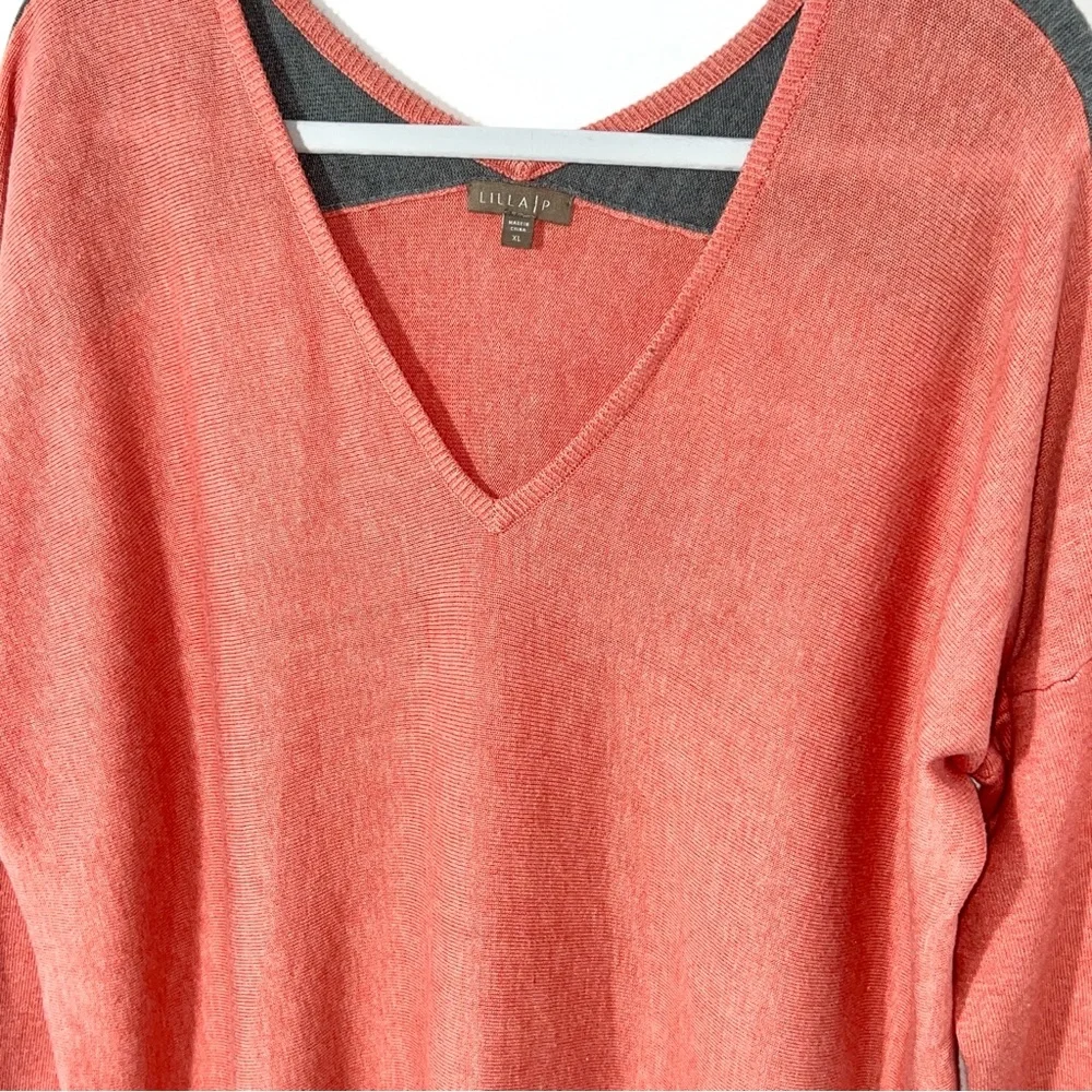 Lilla P‎ Woman's Coral Grey Modal Cotton V Neck Relaxed Fit Sweater Size XL